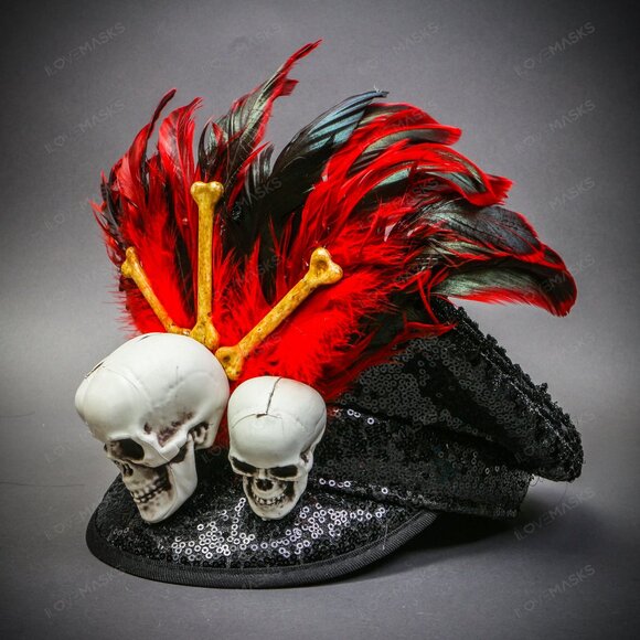 Halloween Red Feather Voodoo White Skull Fisherman Military Party Cap Black - Picture 3 of 6